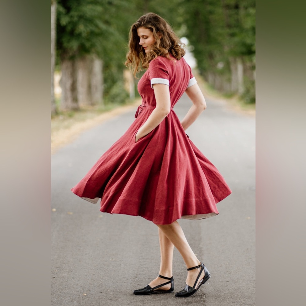 SON DE FLOR EUC Marsala Red 100% Linen Short Sleeve Wrap Dress 4X